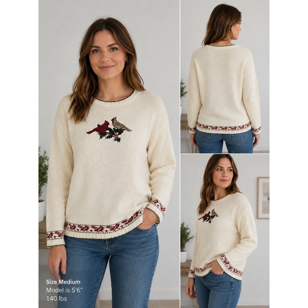 Vintage Shenandoah‎ Sweater Womens Medium Cream Cardinal Bird Embroidered Cotton